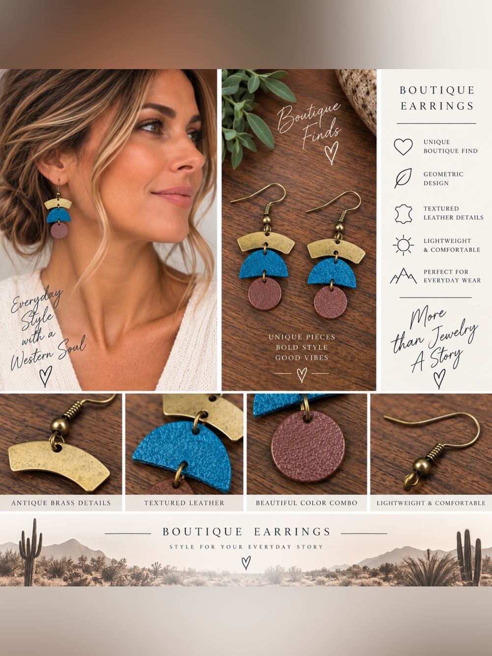 Blue and Brown Geometric Drop Earrings - Leather and Brass
